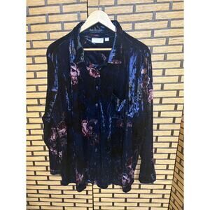 Belle Kim Gravel Blue Floral Crushed Velvet Button Down‎ Shirt Size 2X